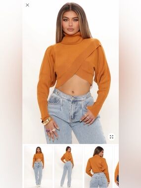 Fashion Nova Cropped Wrap Turtleneck Sweater in Mustard